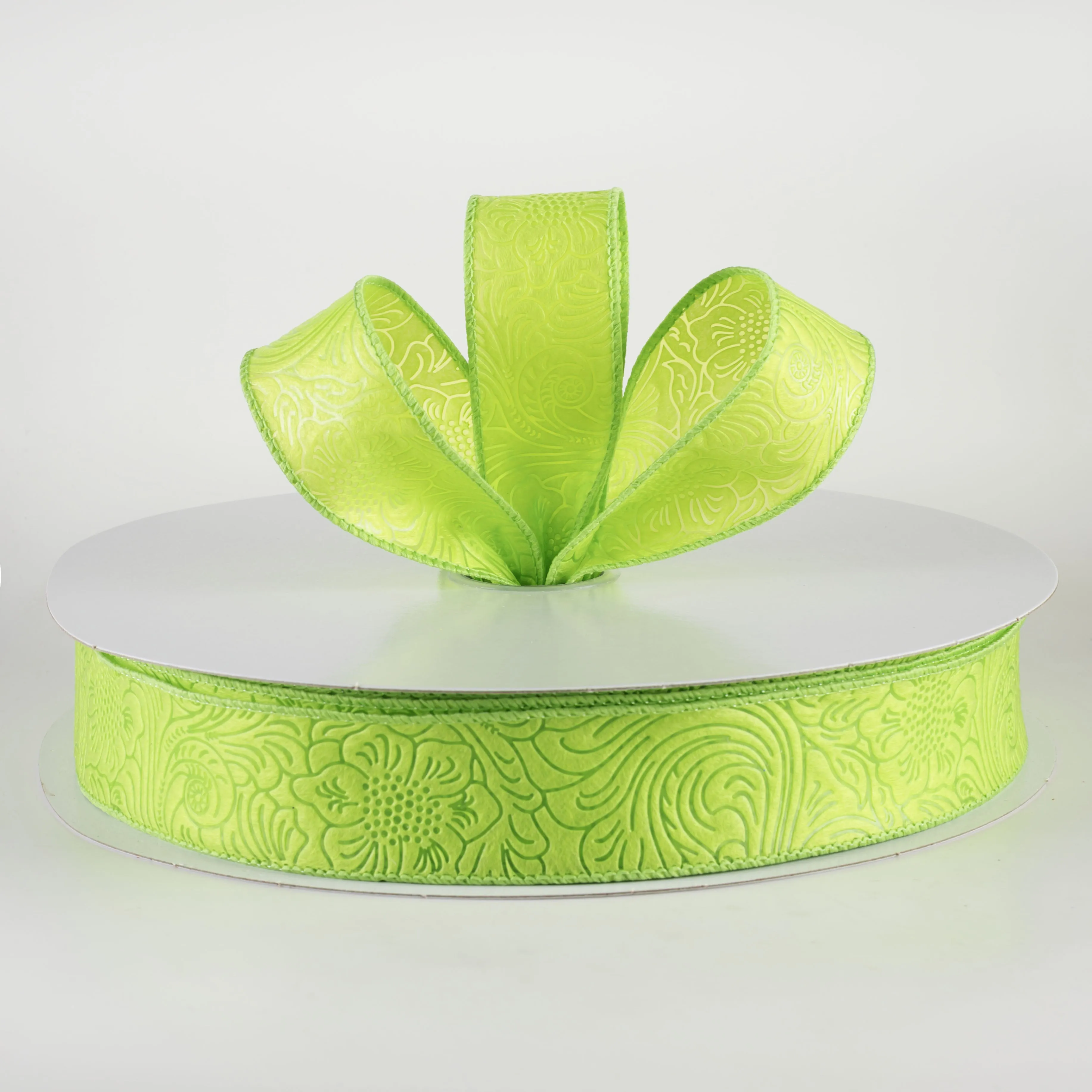 1.5" Embossed Flower Breeze Ribbon: Lime Green (50 Yards)