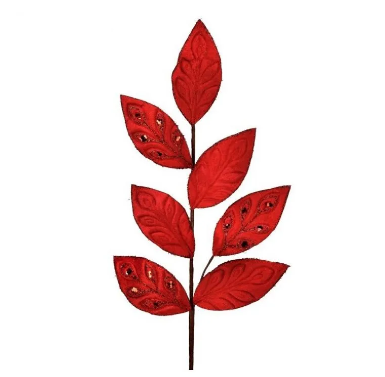 26" Red Velvet Leaf Spray With Jewels Set Of 6