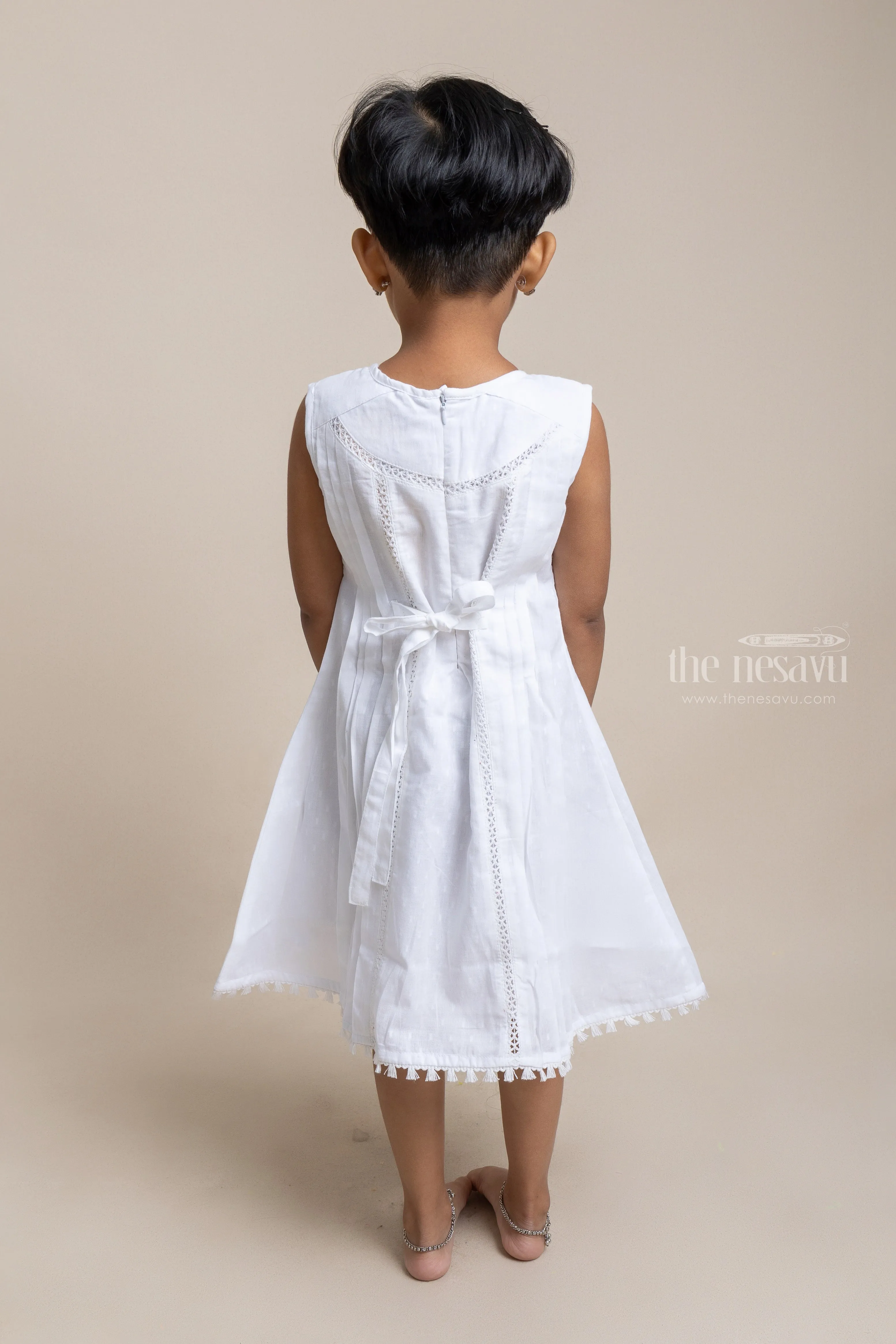 Beautiful White Floral Designed Sleeveless Cotton Frock for Girls