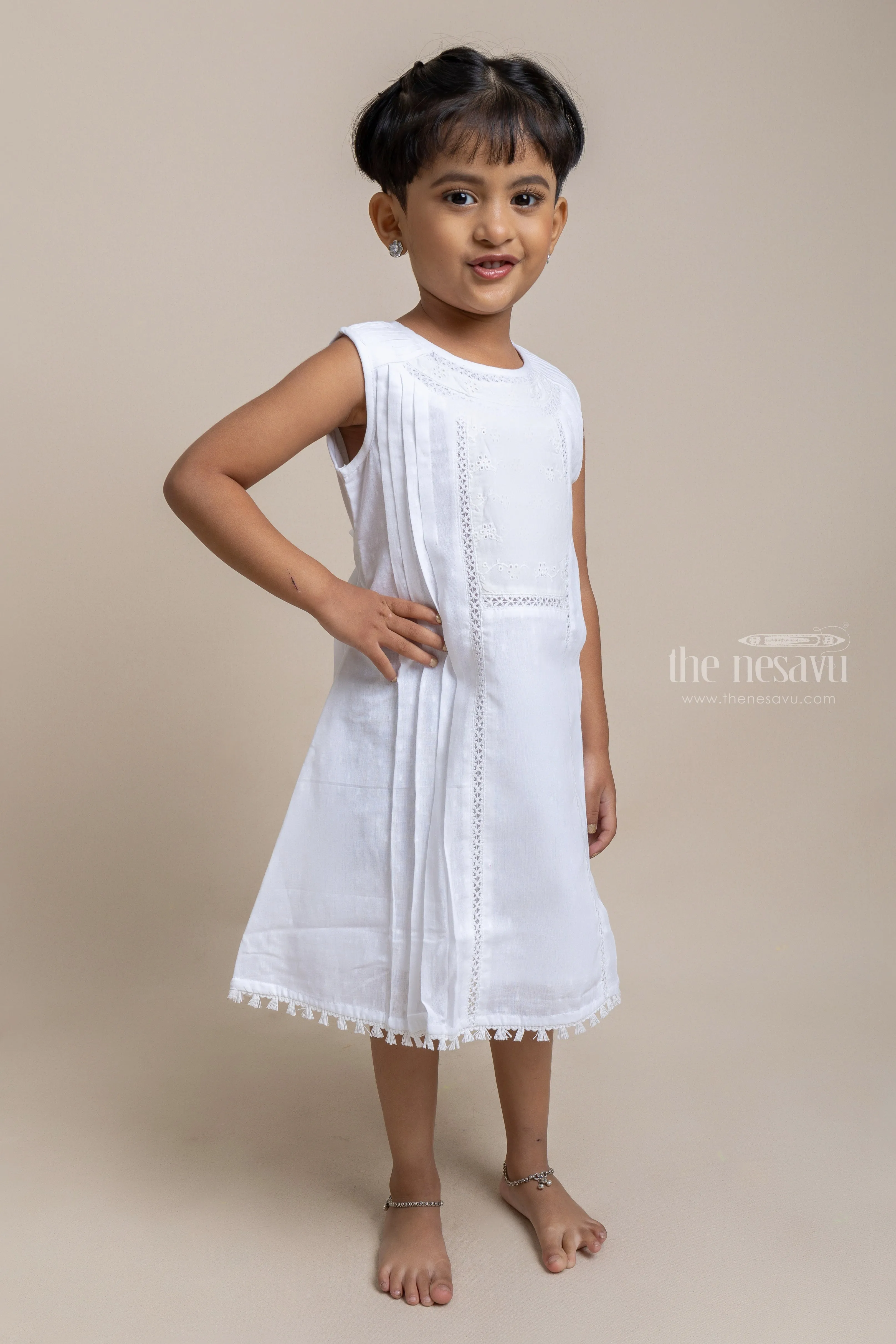 Beautiful White Floral Designed Sleeveless Cotton Frock for Girls