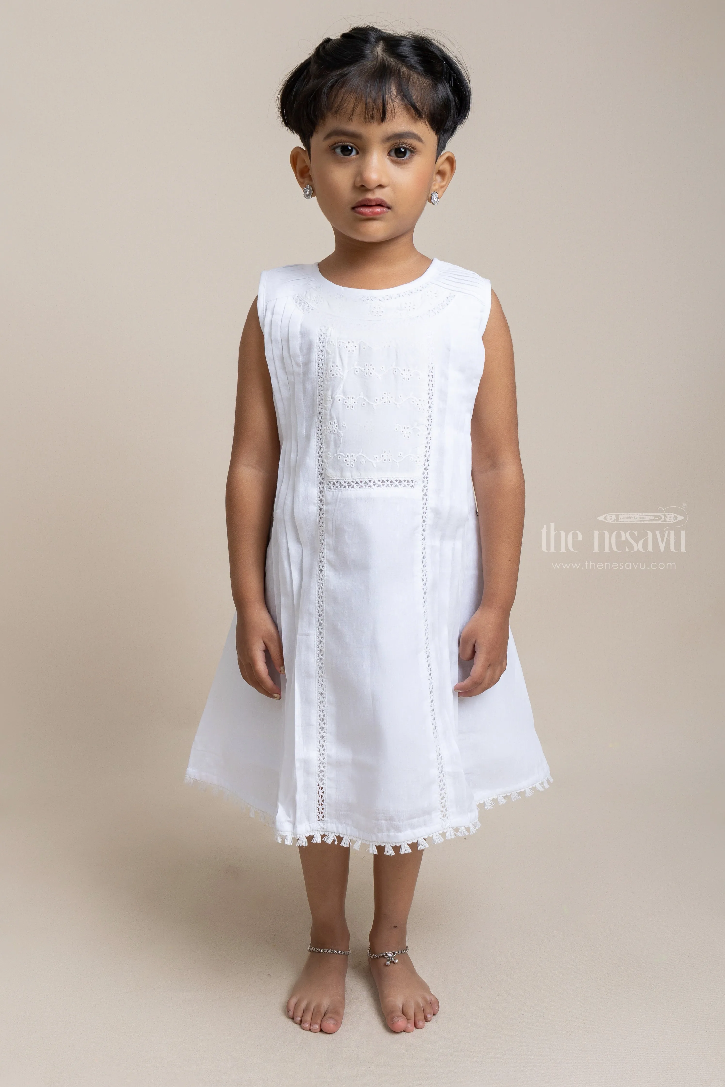 Beautiful White Floral Designed Sleeveless Cotton Frock for Girls