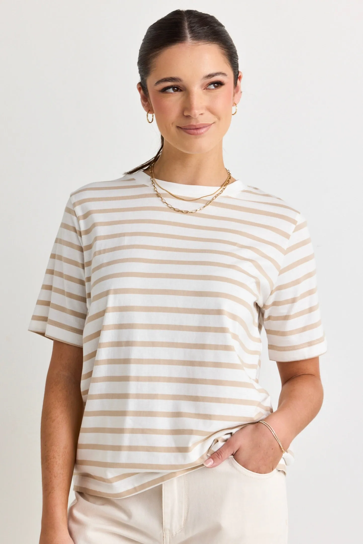 Binding White Natural Stripe Boxy Fit Tee