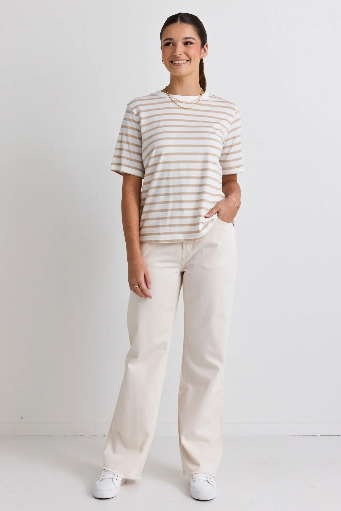 Binding White Natural Stripe Boxy Fit Tee