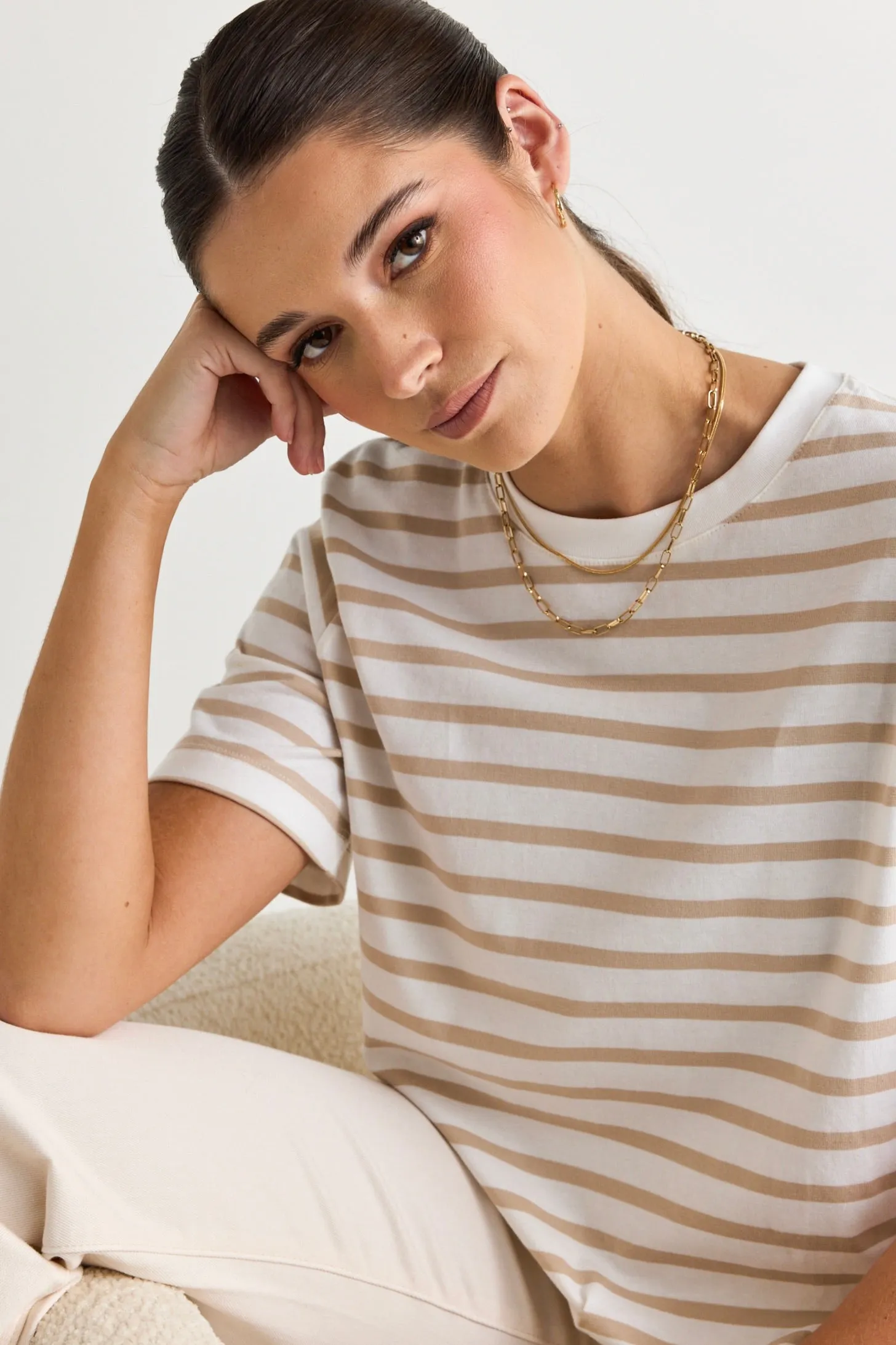 Binding White Natural Stripe Boxy Fit Tee