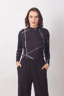 Black Abstract Turtle-Neck Top