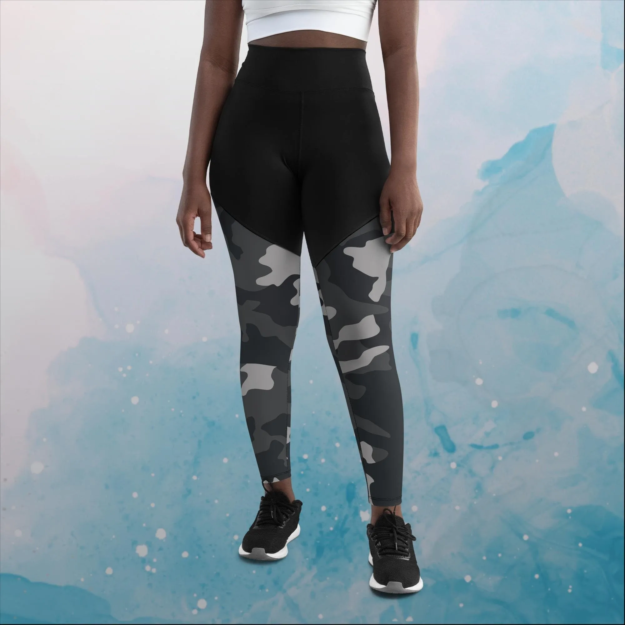 Black and Grey Camo Print Womens Compression Sports Leggings