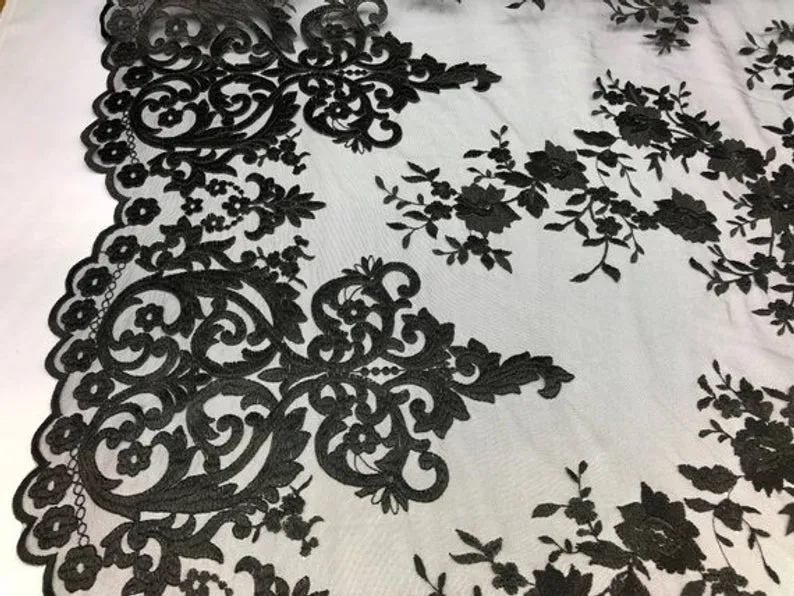 Black Floral Flower Mesh Lace Embroidery Design Fabric By The Yard For Tablecloths, Wedding Prom Dresses, Night gowns, Skirts, Runners