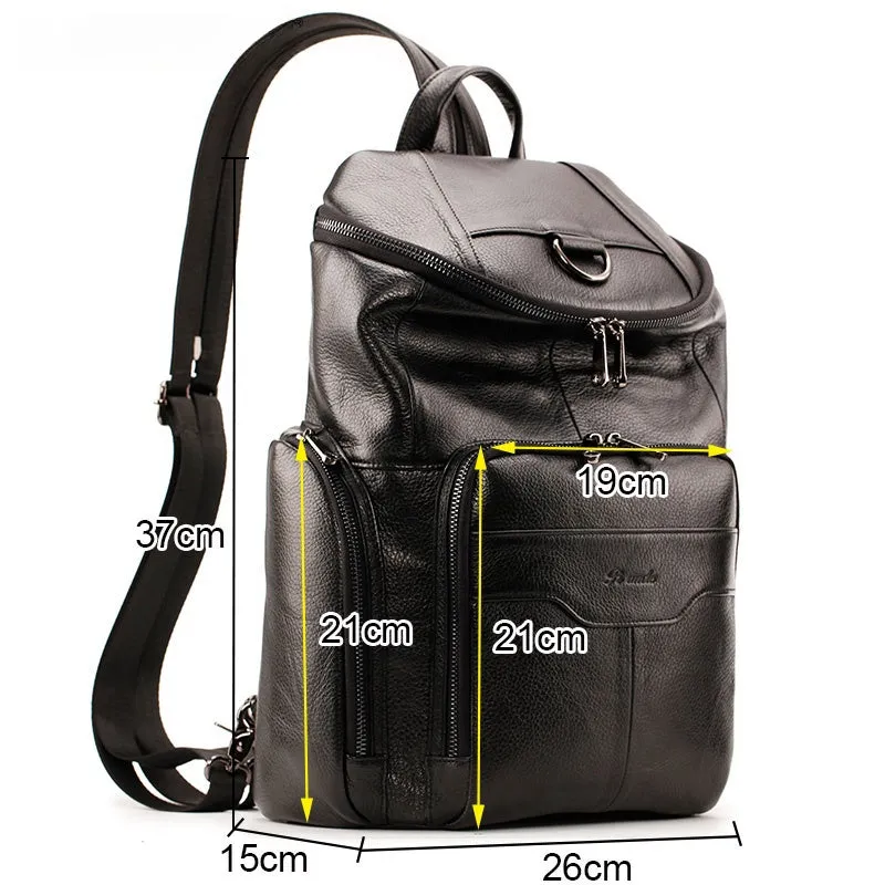 Black Leather Large Sling Bag For Men Convertible Sling Backpack For Big Men