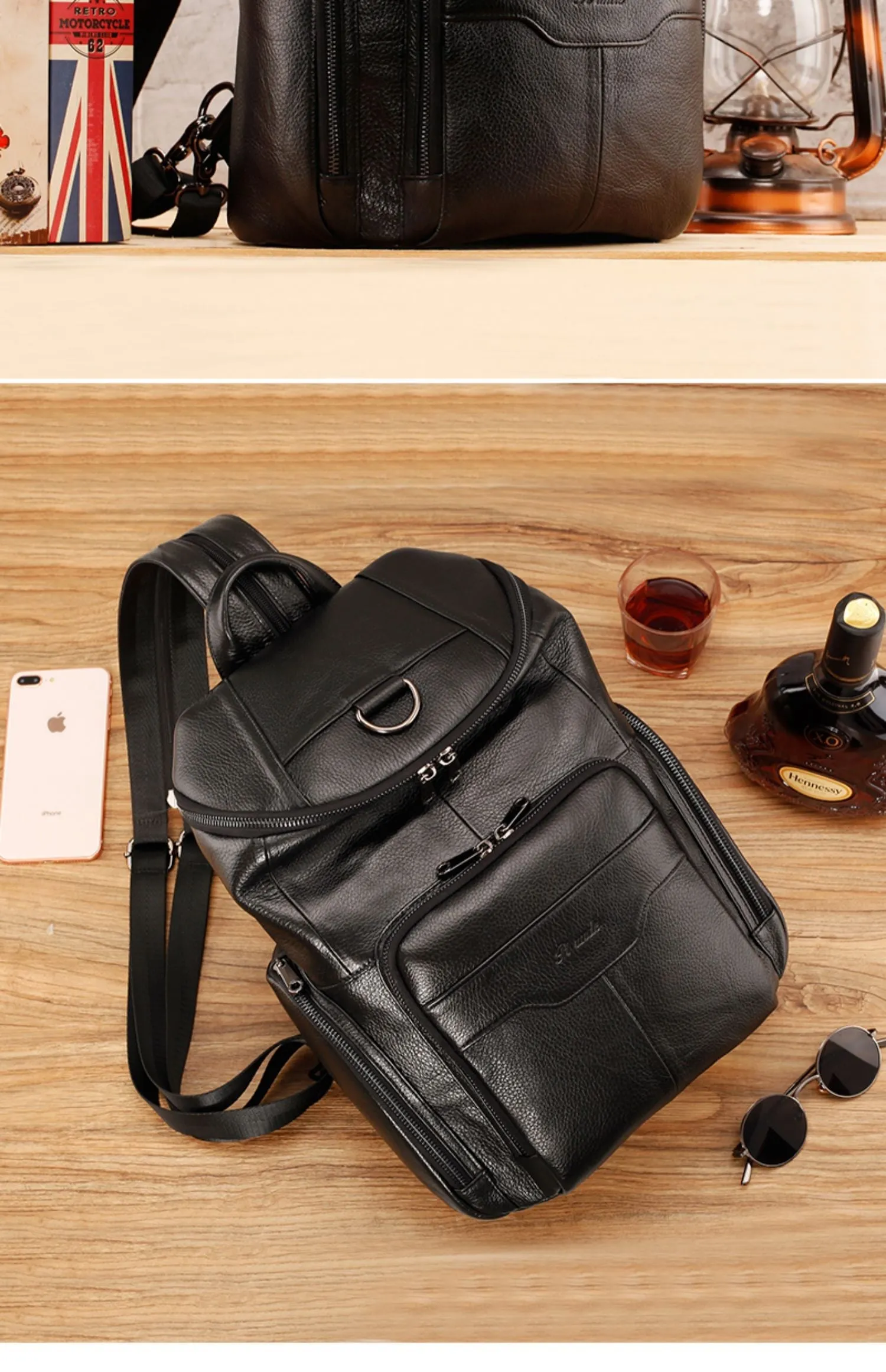 Black Leather Large Sling Bag For Men Convertible Sling Backpack For Big Men