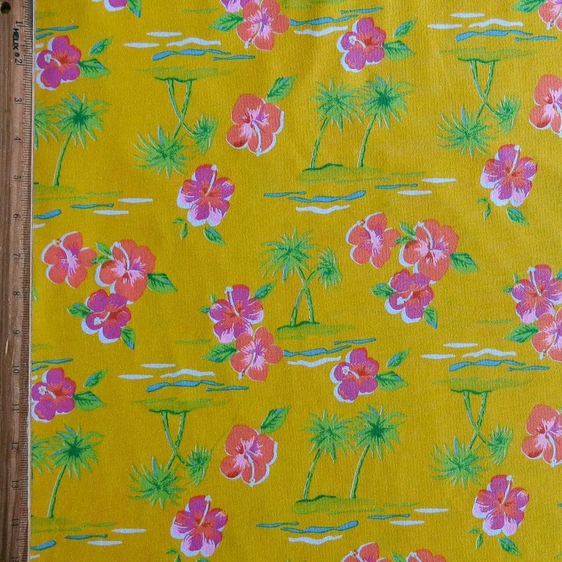 Bright Hawaiian on Yellow Cotton Jersey Knit Fabric