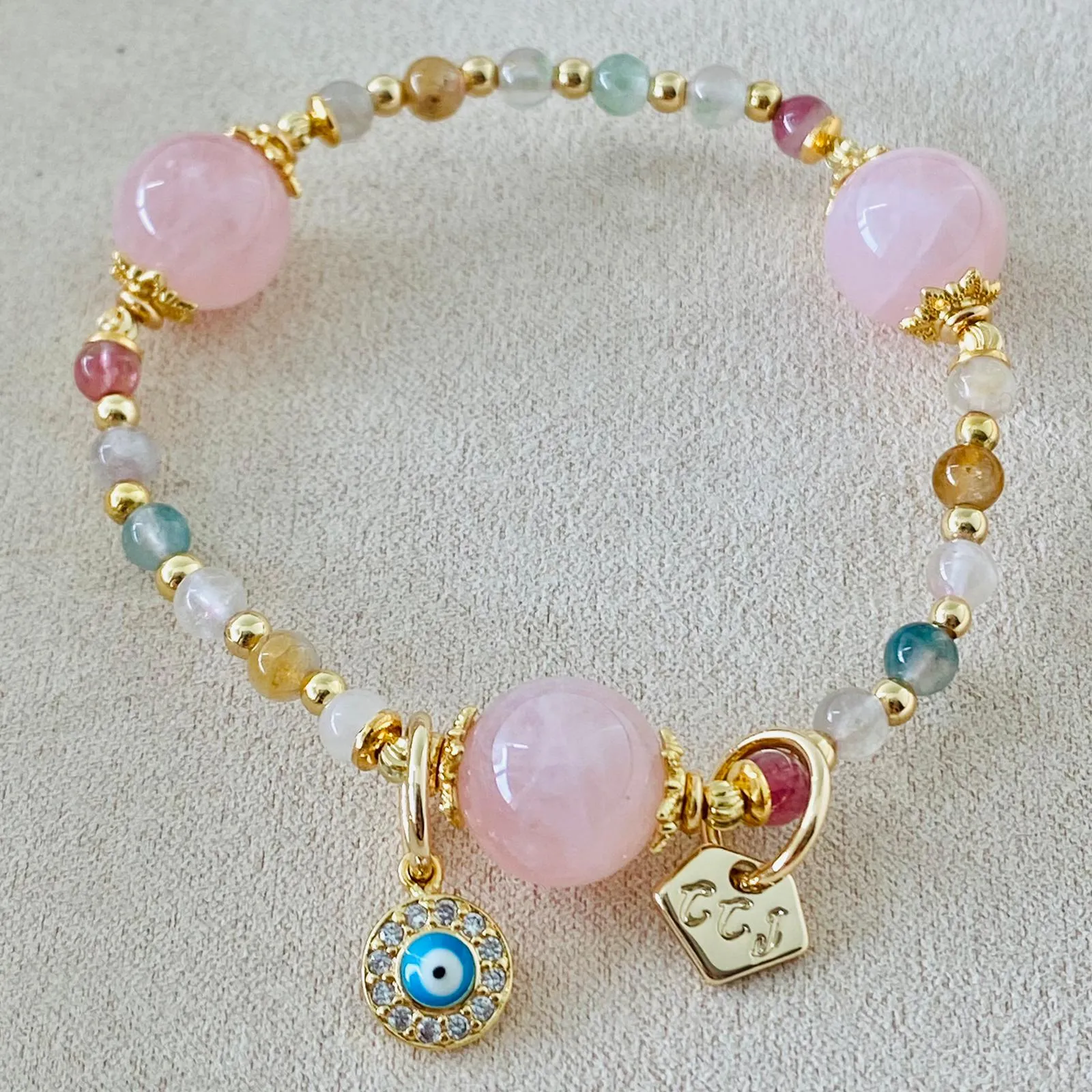 Delicate Rainbow Tourmaline & Madagascar Rose Quartz Bracelet