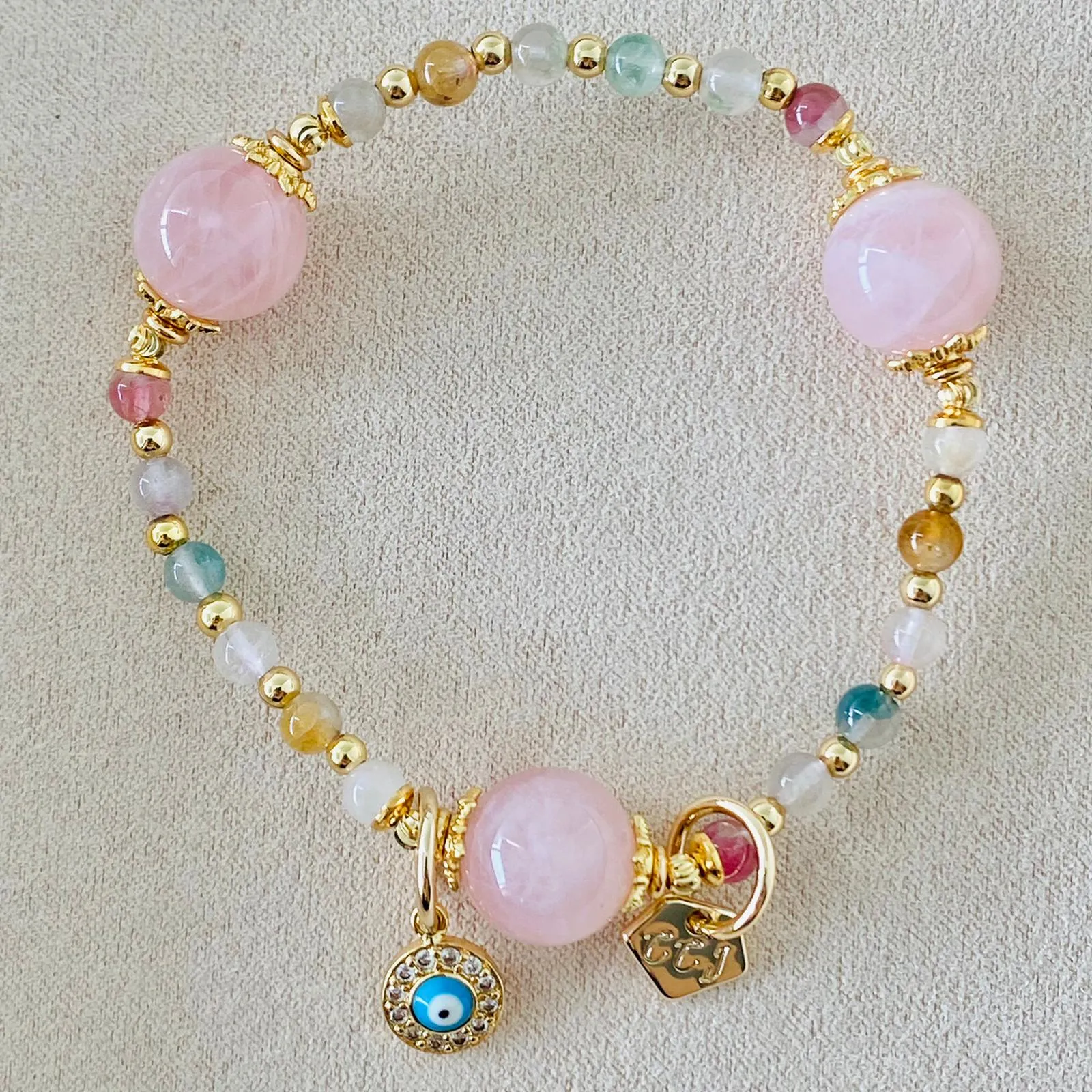 Delicate Rainbow Tourmaline & Madagascar Rose Quartz Bracelet