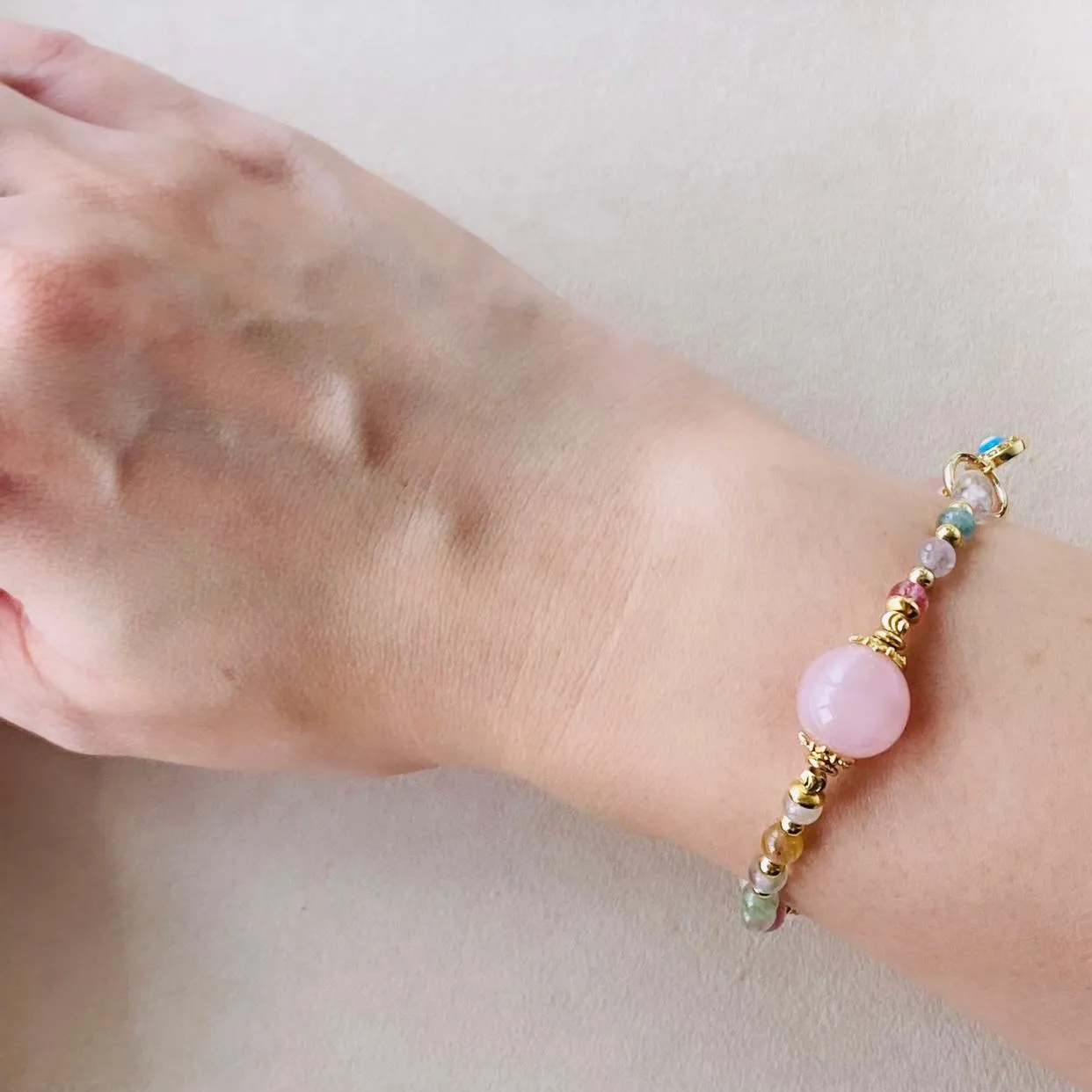 Delicate Rainbow Tourmaline & Madagascar Rose Quartz Bracelet