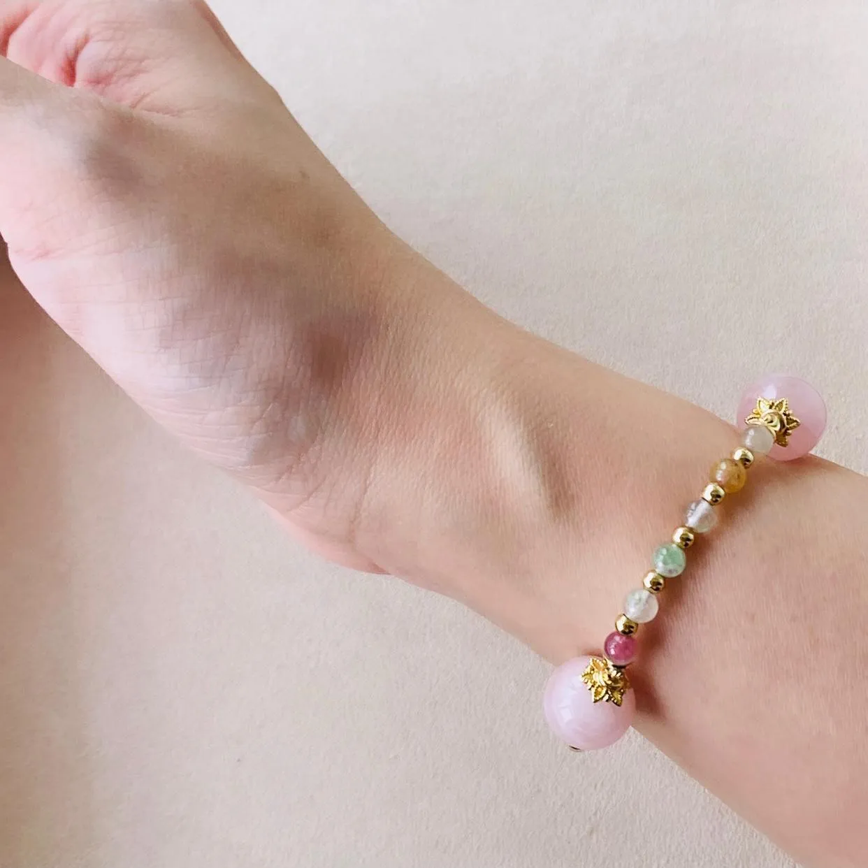 Delicate Rainbow Tourmaline & Madagascar Rose Quartz Bracelet