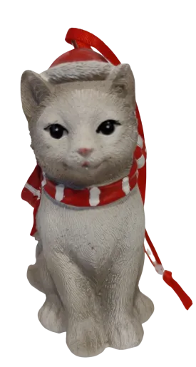 Grey Christmas Kitty Ornament with Red Hat/Red & White Scarf 4" Resin