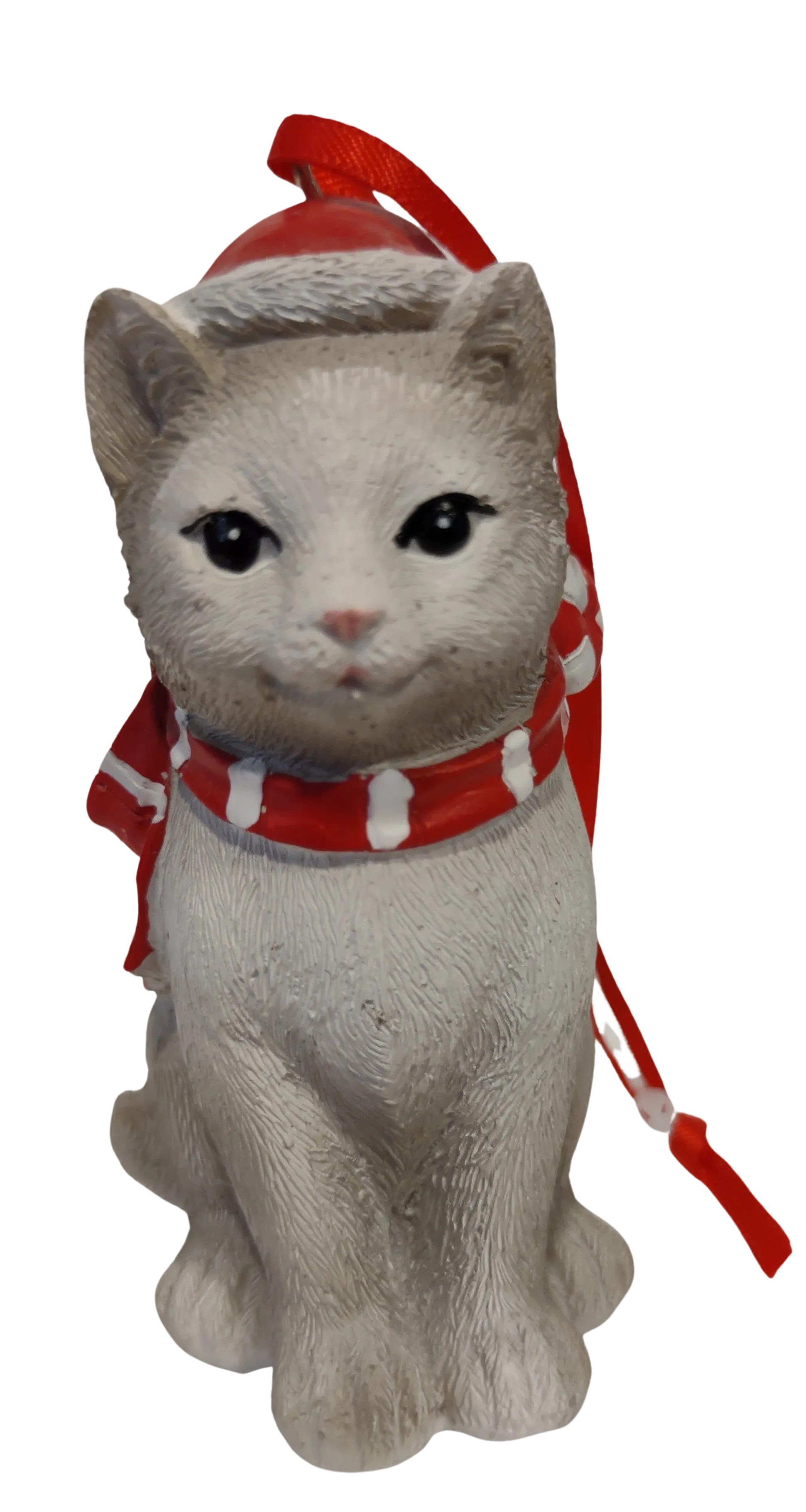 Grey Christmas Kitty Ornament with Red Hat/Red & White Scarf 4" Resin