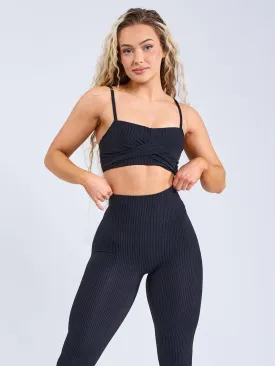 Womens Ivy Wrap Sports Bra - Stylish Black Pinstripe Design for Comfort and Support