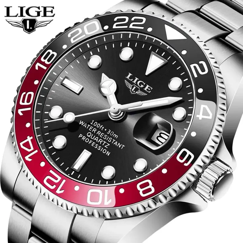 LIGE Men's Fashion Business Waterproof Quartz Wrist Watch - 2022 New Top Brand Luxury Stainless Steel Sport Watch for Beach Activities