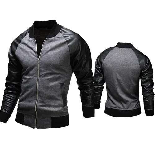 New Casual Jacket Spring Fashion Mens Black Leather Sleeves Slim Fit Baseball Jacket Leisure Men Jackets Blazer Jaquetas