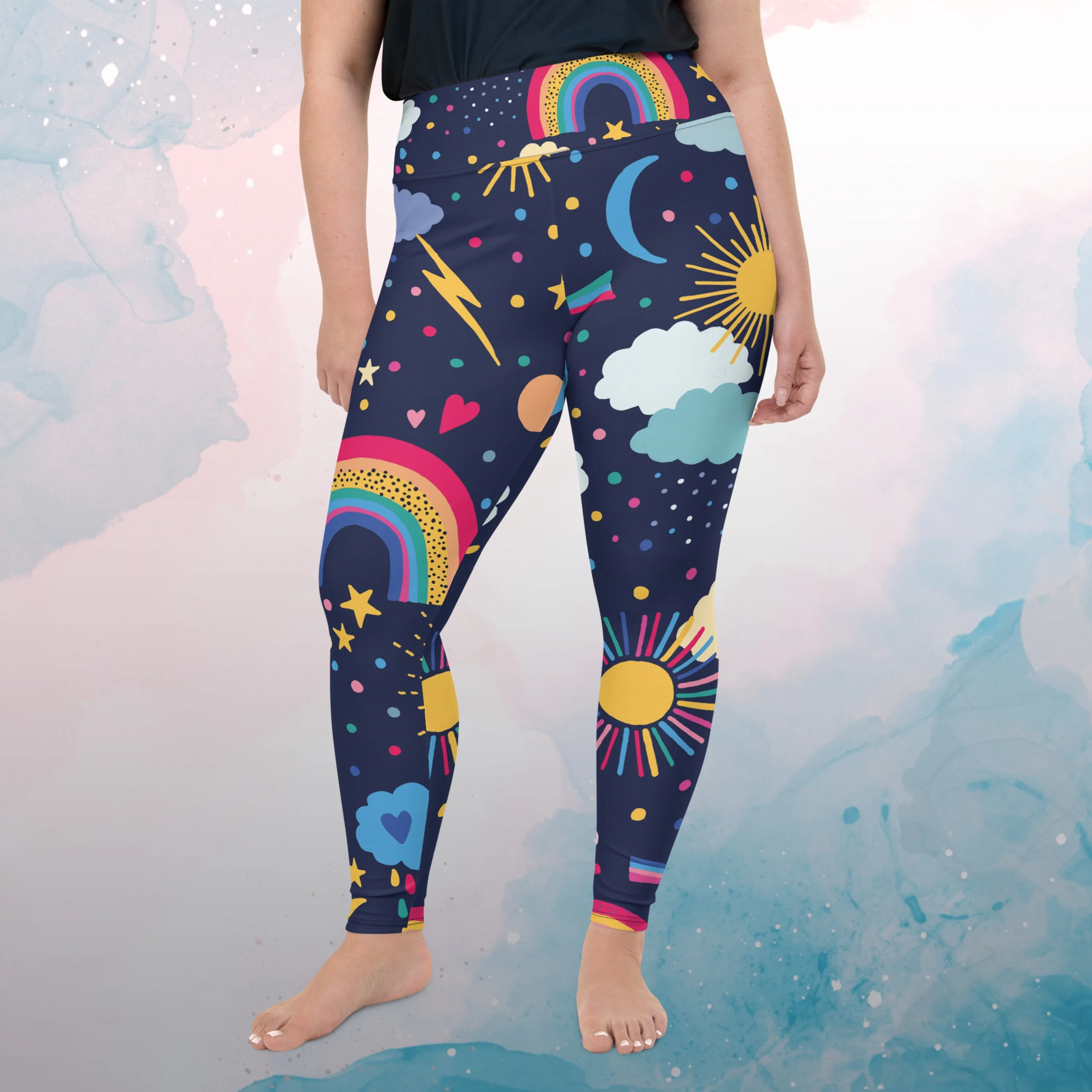 Rainbows and Rain Clouds Weather Themed Womens Light Weight Plus Size Leggings