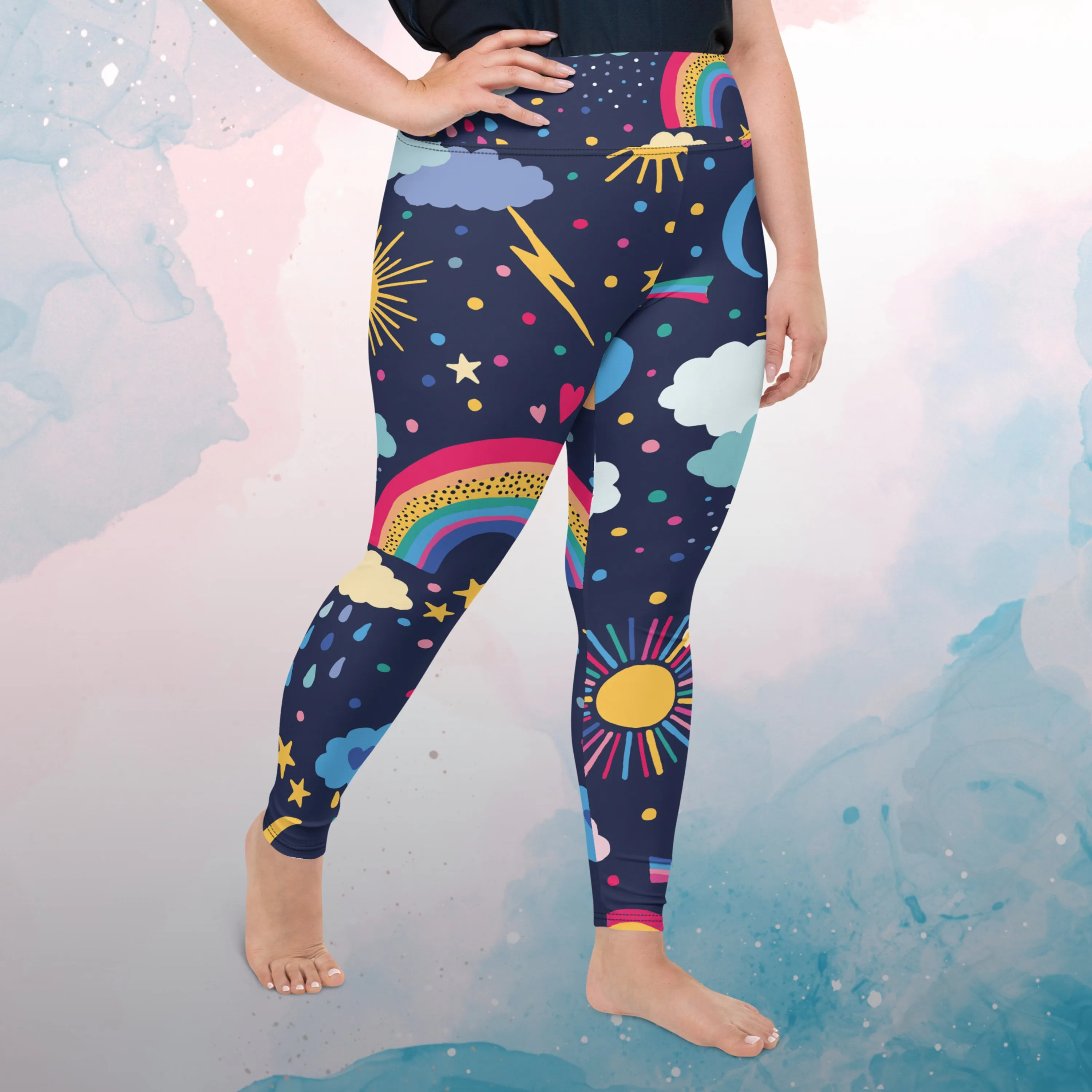 Rainbows and Rain Clouds Weather Themed Womens Light Weight Plus Size Leggings