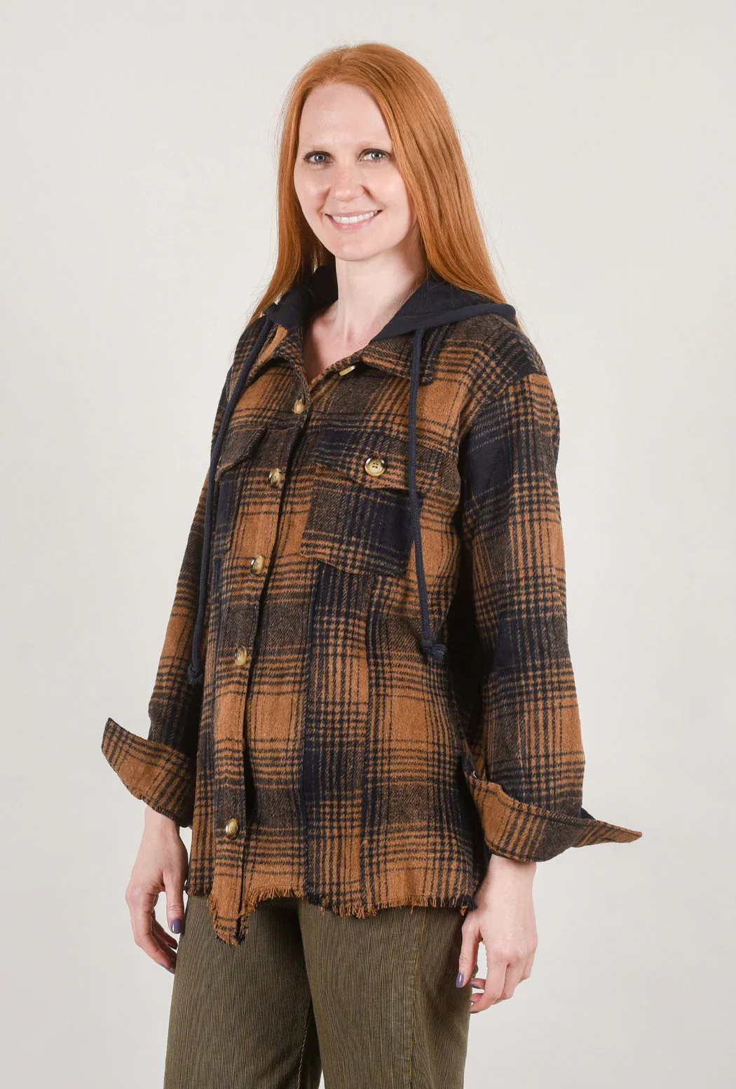 Raw-Hem Hooded Plaid Jacket, Tan