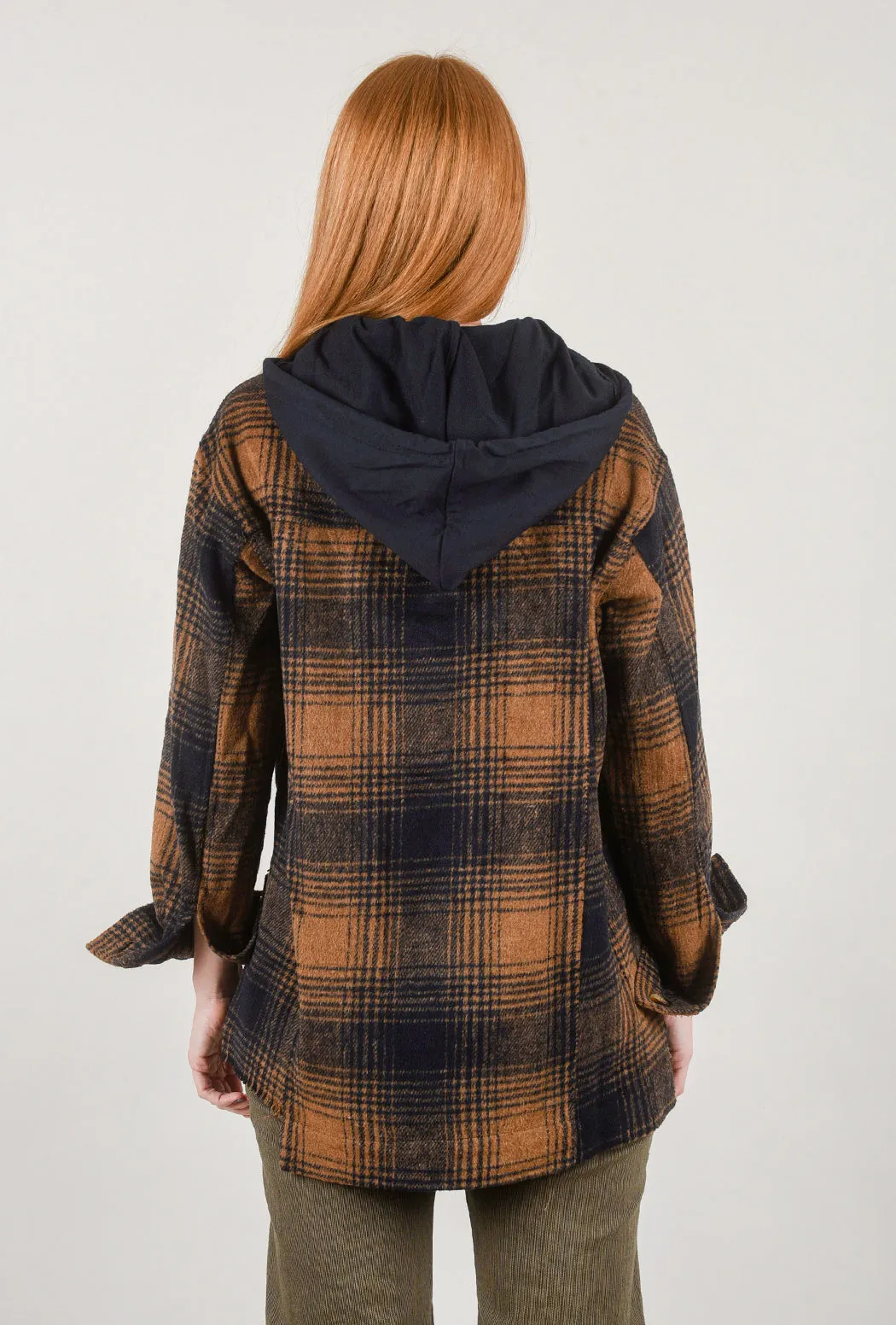 Raw-Hem Hooded Plaid Jacket, Tan