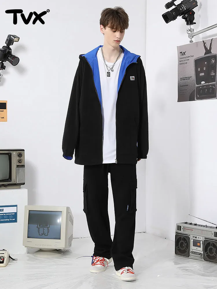 Simple style TV machine embroidered corduroy corduroy hooded jacket