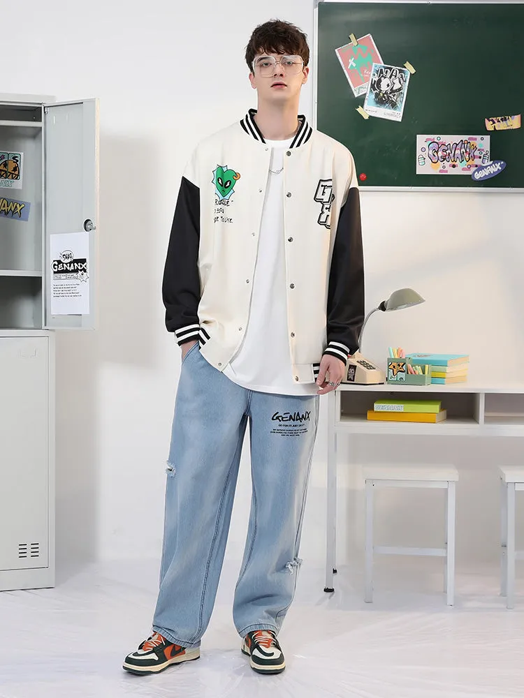 Vibe School style embroidered floral print matching color couple baseball uniform